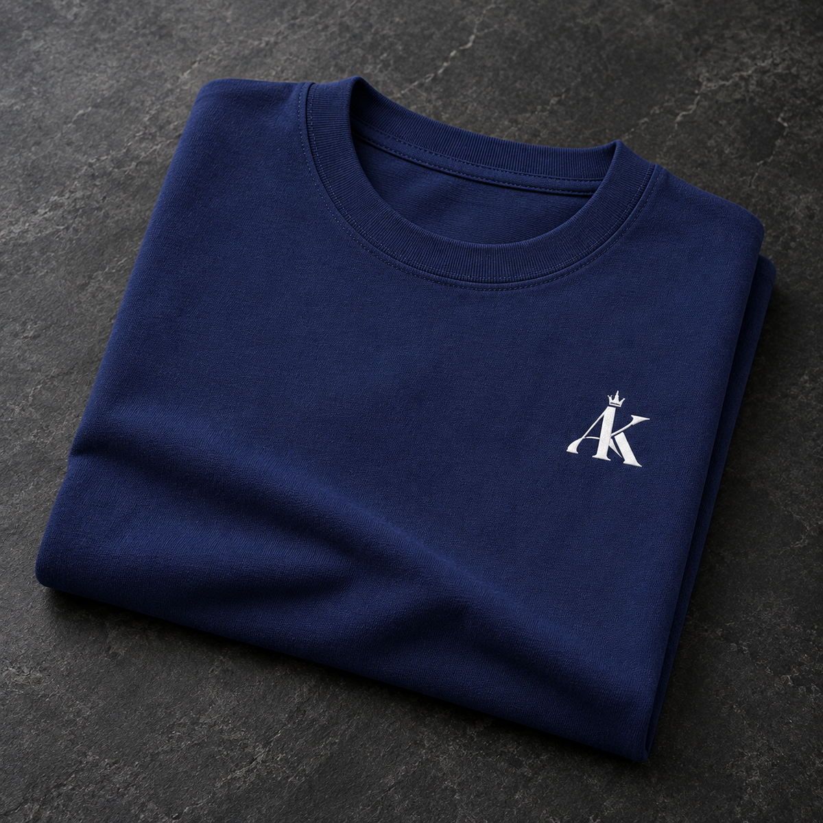AK Luxury Navy Blue Oversized T-Shirt fabric and logo detail