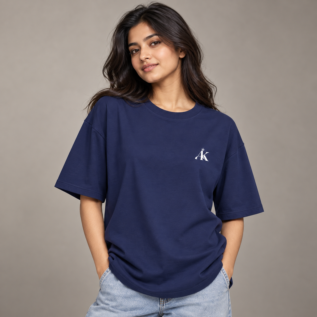 Woman wearing AK Luxury Navy Blue Unisex Oversized T-Shirt