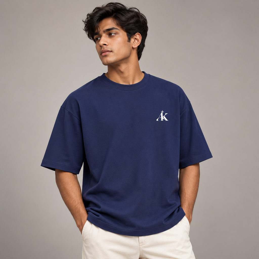 Model wearing AK Luxury Navy Blue Oversized T-Shirt