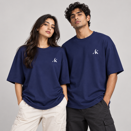 Man and woman wearing AK Luxury navy unisex oversized T-shirts