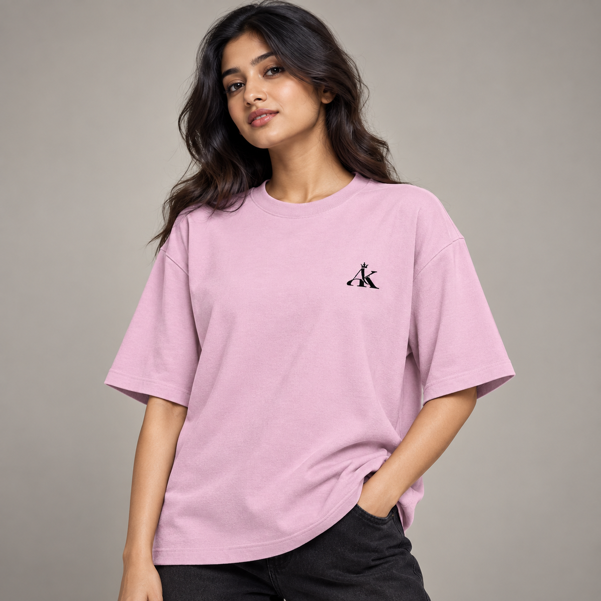 Model wearing AK Luxury Pastel Pink Oversized T-Shirt