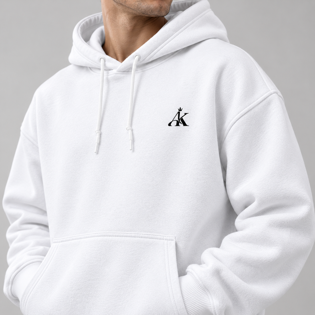 AK Luxury white 400 GSM oversized hoodie fabric and fit detail