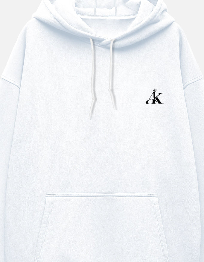 AK Luxury black chest logo detail on white hoodie