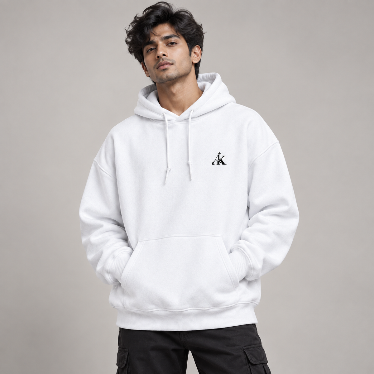 Man wearing AK Luxury white unisex oversized 400 GSM hoodie