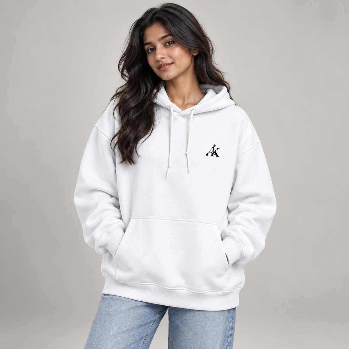 Woman wearing AK Luxury white unisex oversized 400 GSM hoodie