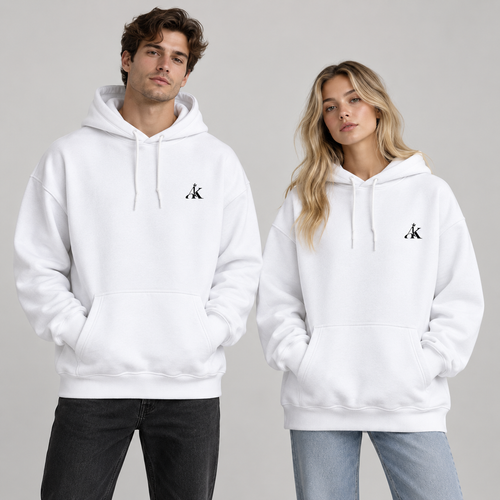 Male and female models wearing AK Luxury white unisex oversized hoodie